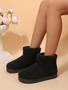 Women's Thick Sole Mini Short Snow Boots, Faux Suede Slip-On Winter Ankle Boots, Thick Fleece Lining Anti-Slip Warm Casual Ankle Boots, Suitable For Daily Outdoor - Black - View 3