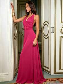 Versatile Solid Color Long Bridesmaid Dress, Twisted Waist A-Line Formal Wedding Party Evening Gown - Hot Pink - View 8
