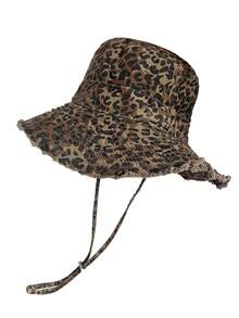 1pc Women's Spring Summer Autumn Bucket Hat, American Retro Leopard Print Frayed Edge Wide Brim Fisherman Hat, Windproof Drawstring Sun Hat, Versatile Distressed Denim Bucket Hat, Suitable For Outdoor, Travel, Daily Use, Back To School Season - Bucket Hat - View 13