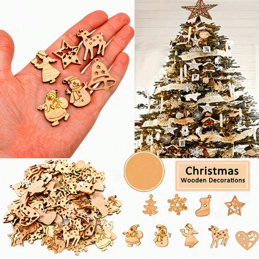 50/30/10pcs Mini Wooden Christmas Tree Ornaments, Santa Claus, Snowman, Deer Decorations, Christmas Party Decor, Home Room Decoration, Christmas Tree Decor - Maple - View 1