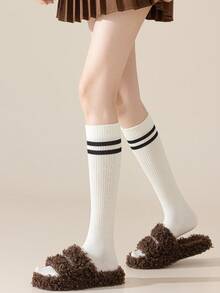1/6 Pairs Women's Calf Socks, Solid Color Double Stripe Vertical Line Slimming Anti-Slip Knee-High Socks, Daily Wear - Multicolor - View 12