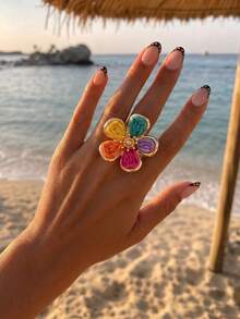 1pc Pastoral Fresh Style Raffia Flower Open Ring, Women's Versatile Colorful Jewelry For Travel And Commute - Color - View 1