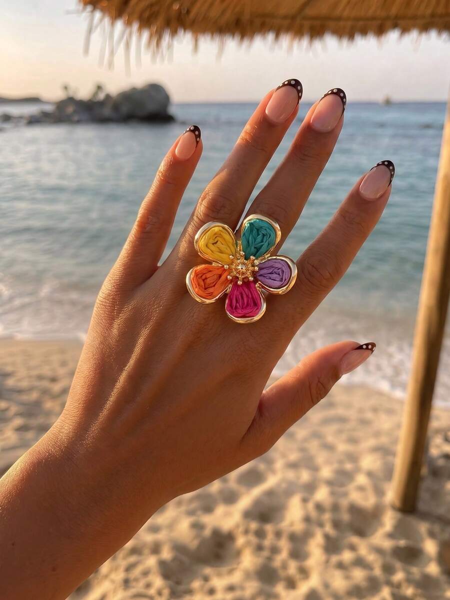 1pc Pastoral Fresh Style Raffia Flower Open Ring, Women's Versatile Colorful Jewelry For Travel And Commute - Color - View 1