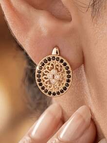 Vanel 1pc Vintage Elegant Double-Layer Round Composite Inlaid Synthetic Zirconia Craft Earrings, Suitable For Retro Birthday Party, Chinese Style Tea Party, Daily Office, Best Friend Outing - Yellow Gold - View 6