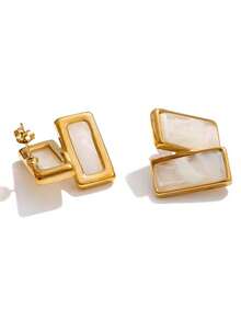 1pc Multi Color Stainless Steel Acrylic Resin Rectangle Stud Earrings Tarnish Resistant Daily Fashion Jewelry - Gold - View 5