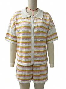 Women's Crochet Striped 2 Pieces Set, Includes A Button-Up Collar Top And Shorts, Perfect For Elegant Summer Casual Wear - Pink - View 9