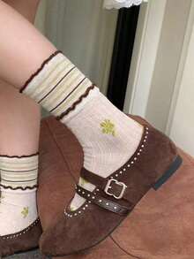 4 Pairs Women's Socks, Spring/Summer Comfortable Versatile Thin Style, Vintage Floral Double Ruffle Edge, Lightweight Breathable Versatile Slouchy College Style Mid-Calf Socks, Suitable For Students Daily Wear, Gatherings, Home Wear, Perfect Gift Choice - Multicolor - View 6