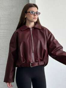 Women's Oversized Faux Leather Zip-Up Jacket Drop Shoulder Belted Bomber Coat Black - Burgundy - View 2