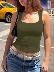 Women Square Neck Wide Strap Stretchy Slim Fit Crop Tank Top Basic Casual Camisole For Vacation Beach Street Daily Outdoor Wear - 橄欖綠 - 查看 11