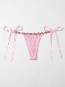 Aesletic 浪漫粉色花卉刺繡側綁式丁字褲，甜美少女風低腰性感舒適女款丁字褲 - 粉色 - 查看 4