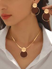 2pcs/Set Autumn/Winter Creative Personalized Necklace & Earrings Jewelry Set For Women, Fashion Metal Style, Geometric Brushed Disc Hollow Circle Layered Design Pendant Necklace, Brown & Gold Contrast Color, Minimalist Elegant Style, Spring, Daily, Party, Gathering, Middle Eastern Style, Wedding Season, Holiday Gift For Best Friend/Girlfriend - Brown - View 1