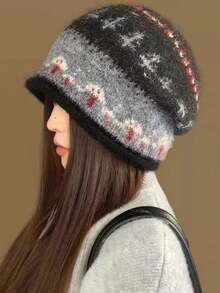1PC Women's Fair Isle Cuffed Slouchy Beanie, Vintage Face-Slimming Cold Hat, Lazy Style Warm Head Wrap Knit Hat For Autumn & Winter - Multicolor - View 4