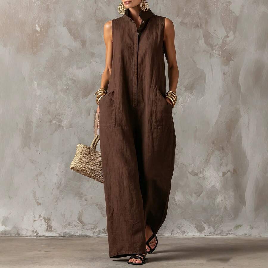 Women's Sleeveless Collared Button Front Top And Wide Leg Pants Two Piece Set Casual Linen Blend Outfit Collection - 棕色 - 查看 1