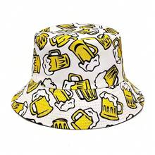 1pc Printed Black Reversible Outdoor Party Travel Vacation Bucket Hat Sun Protection Beach Hat - Beer - View 5