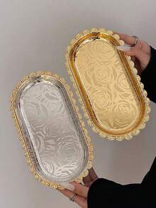 1pc Embossed Rose Pattern Gold Rim Oval Tray, French Luxury Gold And Silver Dual-Tone Metal Storage Dish, Suitable For Displaying Desserts, Snacks, Aromatherapy, Jewelry, Perfect For Elegant Afternoon Tea Presentation, Soft Decor Still Life Photography, Applicable To Home Vanity, Living Room Coffee Table, Wedding Dessert Table, Influencer Bakery Store Scenes - Multicolor - View 8