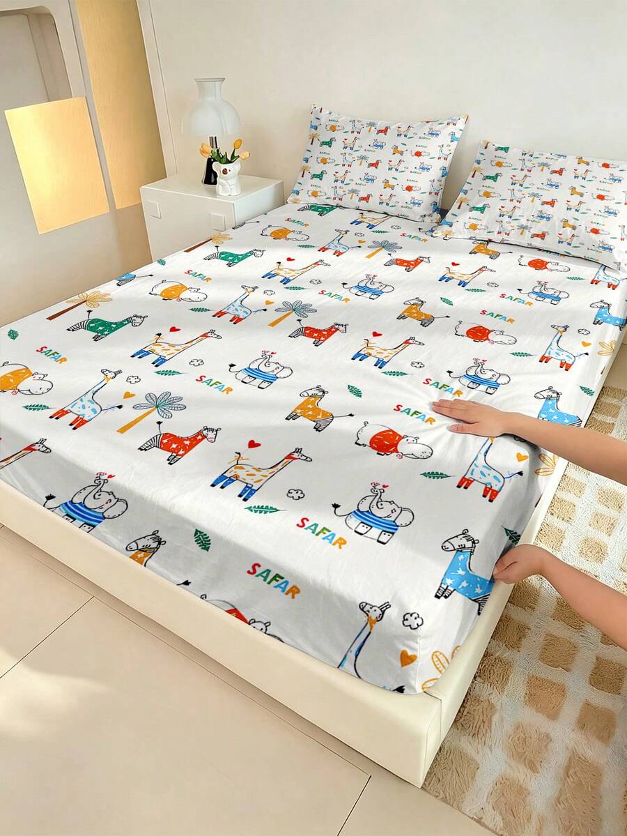2/3pcs Kids Boys Girls Cartoon Jungle Animals Giraffe Elephant Zebra Palm Leaf Print Soft Polyester Elastic Deep Pocket Wrinkle-Resistant Cute Jungle Style Fitted Sheet Bedding Set, Suitable For Children's Bedroom, All Season - Multicolor - View 1
