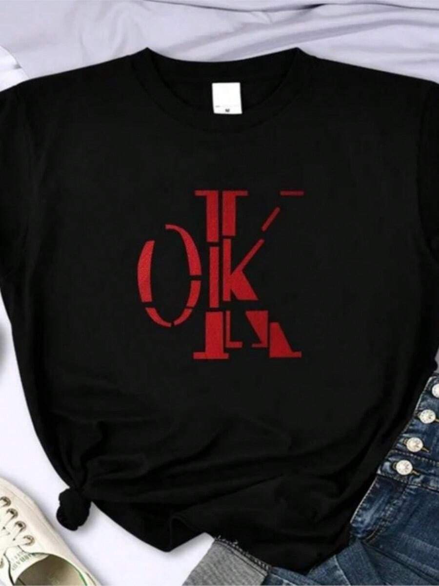 2026ok Simple And Simple Summer Wo High Quality Summer Printed T-Shirt Casual Extra Large Y2k Personalized SLeesves O-Neck - 黑色 - 查看 1