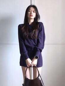 [Y6Y]Autumn Casual Knit Top & Skirt 2 Pieces Set, Button Knit Sweatshirt + A-Line Knit Skirt - Purple - View 3