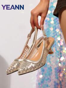 Women's White Clear Strap Square Toe Kitten Heel Slide Sandals, Transparent Crisscross Strap High Heel Mules For Summer - Gold - View 6