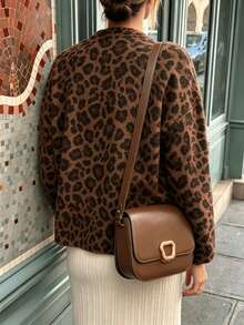 Women's Leopard Print Knit Cardigan, Long Sleeve Regular Fit, With Embroidered Details, Medium Stretch, Autumn Fashion - Brown - View 2