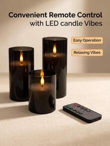 3pcs Black Flat-Top Flickering Acrylic Flameless Candles With 3D Wick, Battery Operated, Remote Control, Timer, Suitable For Home Decor, Bathroom, Study, Wedding, Garden, Autumn, Halloween, Christmas - Black - View 9