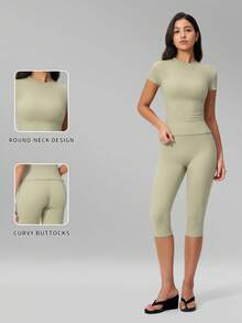 MFVIM Women's 2-Piece Solid Color Slim Fit Short Sleeve T-Shirt And Capri Length Leggings Set, Casual Outdoor Sports Fitness Outfit - Green Bean Color - View 3