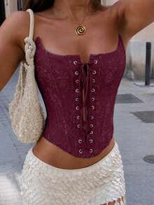 Yuwenier Y2K Asymmetric Structure Corset Floral Embroidery Metal Eyelet Lace-Up Front Opening Open Back Bustier Halloween Crop Top Bandeau - Burgundy - View 7