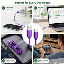 3入快充 USB-A 轉 USB-C 數據線，編織尼龍耐用手機充電線，多種長度可選 3ft 6ft 10ft，相容 及其他 Android 手機，適用於 iPhone 與 Android 設備，適用於汽車配件/旅行必需品/桌面配件/藍色 - 藍色+紫色+白色 - 查看 5