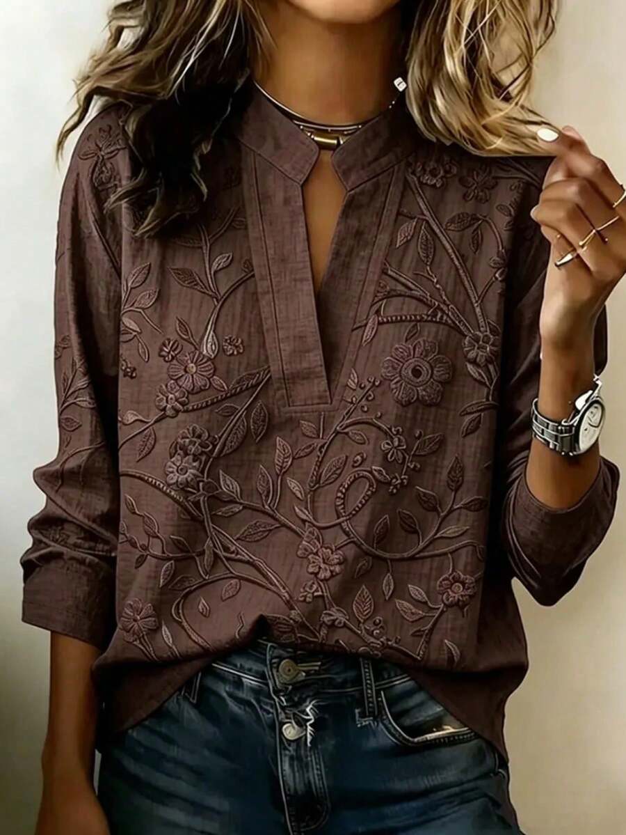 2026 Spring/Summer Women's Standing Collar Half Breasted Floral Long Sleeved Shirt, Retro Plant Leaf Print Loose Cover Shirt, Soft Pink Texture Breath - Coffee Brown - View 1