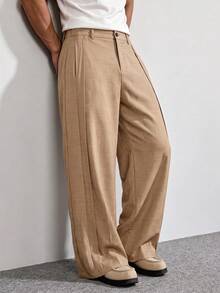 Men's Khaki Wide Leg Casual Pants, Drapey Comfortable Versatile Commuter Long Pants - Brown - View 3