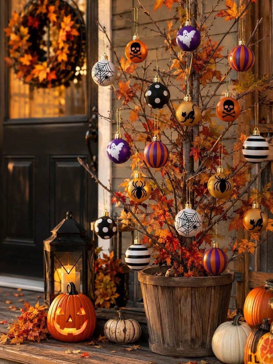 1/3 Set Wooden Flat Halloween Decorative Balls, Yellow, Orange, Purple, Black, White, Spider, Black Cat, Ghost, Skull, Spider Web Round Hanging Ornaments, Suitable For Halloween, Autumn, Porch, Fireplace Mantel, Party And Haunted House Decoration - Multicolor - View 1
