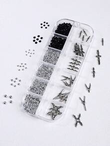 12-Grid Gothic Style Nail Art Decoration Set, Vintage Silver Cross And Scissor Metal Nail Studs, Mixed Size Black Round Rhinestones And Silver Micro Caviar Beads, Punk Dark Y2K 3D Nail Art Decor, Suitable For Nail Salon And Home DIY Nail Accessories, Nail Supplies - Multicolor - View 3