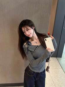 Solid Color Asymmetrical Neckline Tie Long Sleeve Slim Fit Cold Shoulder Inner Layer T-Shirt - Grey - View 3