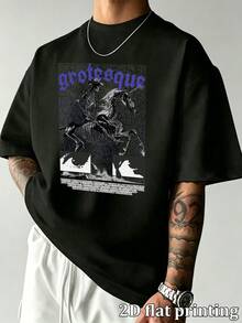 Camiseta de manga corta holgada para hombre con estampado gráfico de caballo esqueleto grotesco de estética oscura vintage, camiseta casual suelta de cuello redondo cómoda, streetwear - Negro - Ver 3