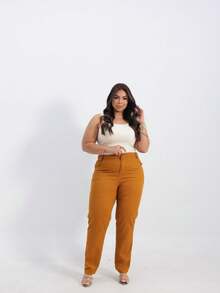 Basic Plus Size High-Waisted Mom Jeans Casual Simple Pocket Zipper Button - Caramel - View 10