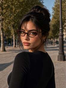 1pc Vintage Narrow Frame Cat Eye Glasses Minimalist Plain Lens Black Frame No-Makeup Look Fashion Accessory Suitable For Daily, Casual Wear And Office Scenes - Tea Brown - View 3