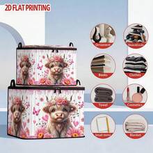 1pc Large Foldable Zipper Storage Box With Highland Long-Haired Calf Pattern, Suitable For Storing Holiday Supplies, Clothes, Pants And Bedding, Portable Storage Solution For Under-Bed Storage - View 4