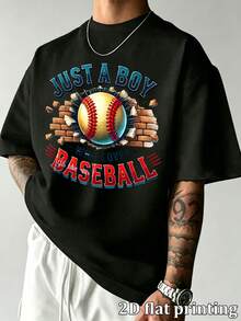 Vintage Just A Boy Who Loves Baseball Graphic Print Men's Oversized Crew Neck Short Sleeve T-Shirt, Casual Loose Fit Everyday Wear Streetwear Top, Com - Black - View 3