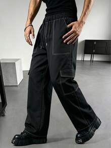 Spring/Autumn Men's Solid Color Cargo Straight Leg Pants, Loose Fit Versatile Commute Hiking Fitness Jogging Casual Long Pants - Black - View 1