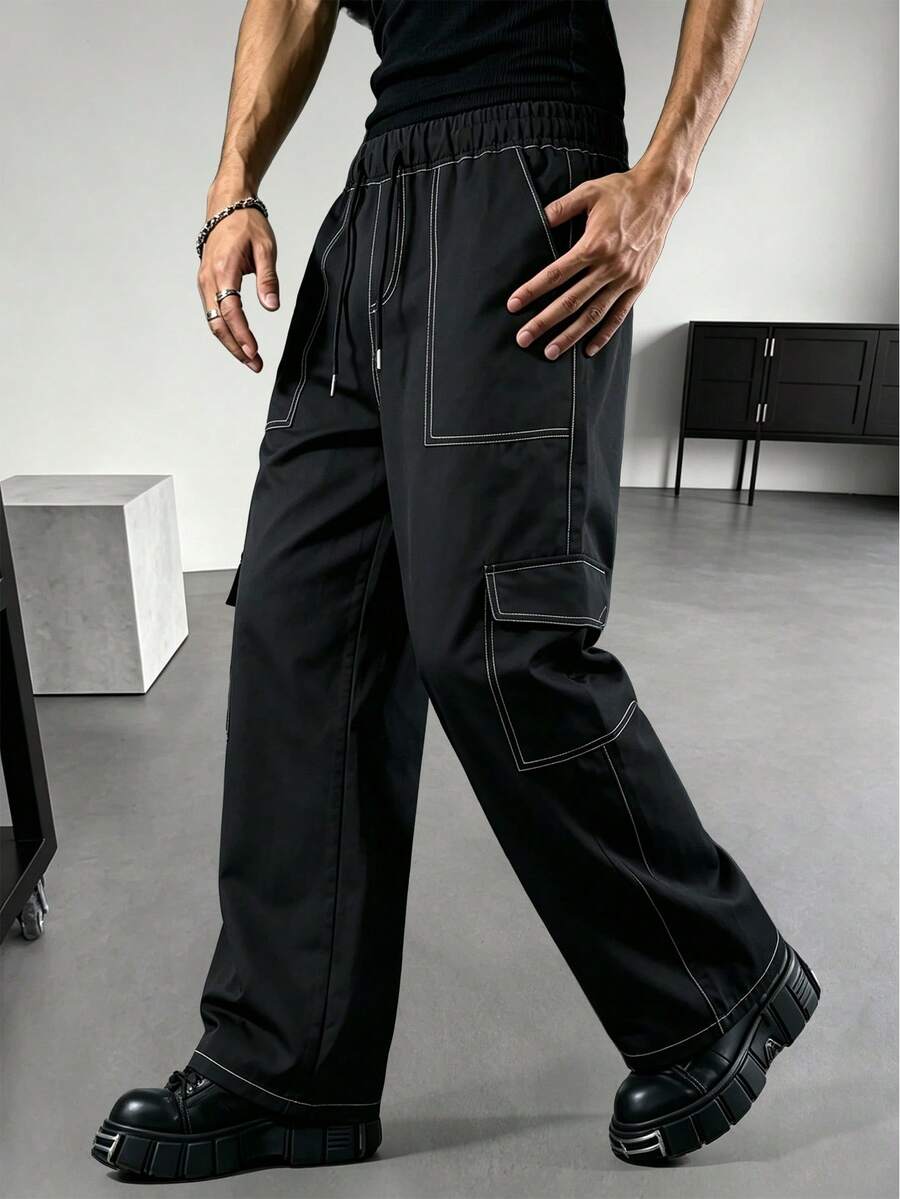 Spring/Autumn Men's Solid Color Cargo Straight Leg Pants, Loose Fit Versatile Commute Hiking Fitness Jogging Casual Long Pants - Black - View 1