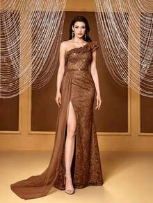 優雅棕色單肩魚尾晚禮服，荷葉邊蕾絲刺繡手工串珠水鑽薄紗拖尾高開衩正式洋裝，適合秋季婚禮派對 - 咖啡棕 - 查看 11