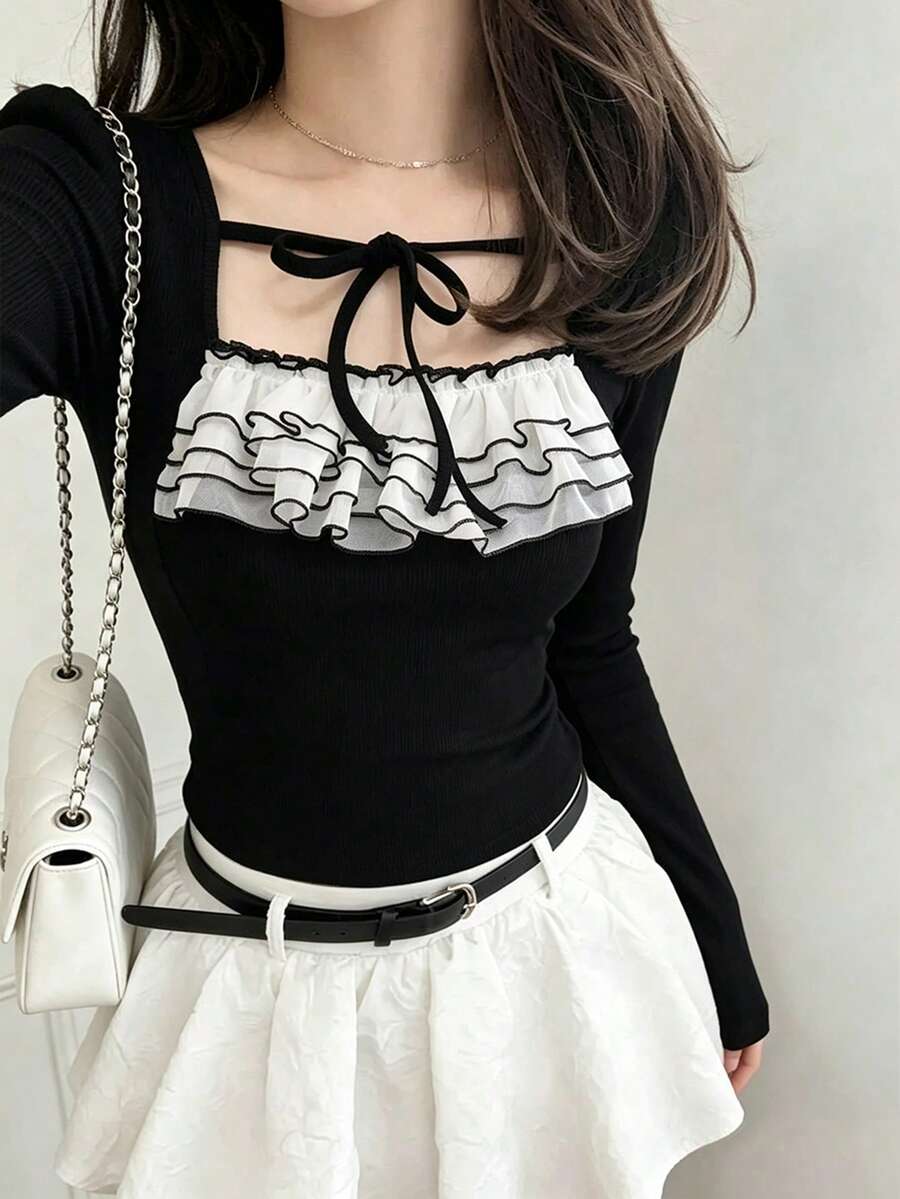 Women's Black Square Neck Long Sleeve T-Shirt With White Ruffle And Tie Details, Fashion Ribbed Fabric, Autumn - Black - View 1
