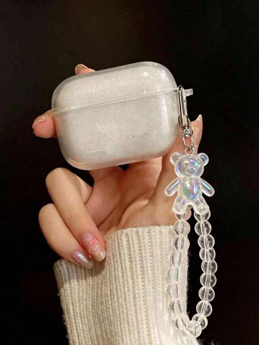 Funda de auriculares brillante con cadena de cristal de oso