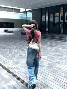 Women's Elastic Fitted V-Neck Short Sleeve T-Shirt Casual Top Summer Pink - Pink - View 6