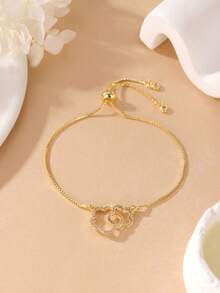 GEREIT 1pc 14k Gold Plated Copper Zirconia Flower Adjustable Pull Bracelet - Flowers - View 4