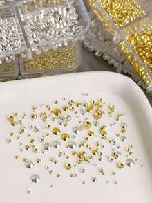 6-Grid Long Strip Box, Simple And Cute, Versatile Style, Gold And Silver Round Rivet Nail Decorations, Beauty Accessories, DIY Decorations, Square Nail Decorations, Pointed Long Nail Decorations, Summer Nail Decorations - Multicolor - View 4