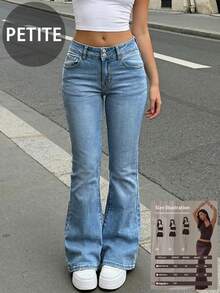 女款休閒時尚水洗彈性牛仔低腰雙扣小碼長版喇叭牛仔褲 秋季 - 中等水洗藍 - 查看 1