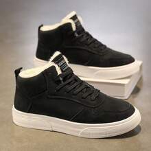 Sepatu Bot Salju Pria Musim Dingin Hangat Berbahan Fleece, Sol Tebal, Desain Bertali, Sepatu Sneaker Tinggi Tahan Dingin untuk Berjalan Sehari-hari - Hitam - View 3