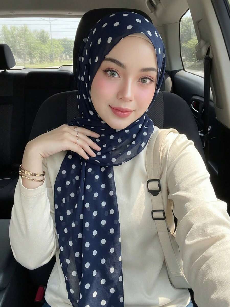1PC Women's New Navy Blue Polka Dot Print Headscarf, Polka Dot, Voile Hijab, Lightweight Soft Comfortable Breathable Long Scarf, High-End Digital Print Fashion Versatile Polka Dot Scarf, Scarfs For Woman, Multi-Functional Accessory Long Scarf, Suitable For Daily Outings, Walking, Shopping, Etc., All Seasons - Navy - View 1