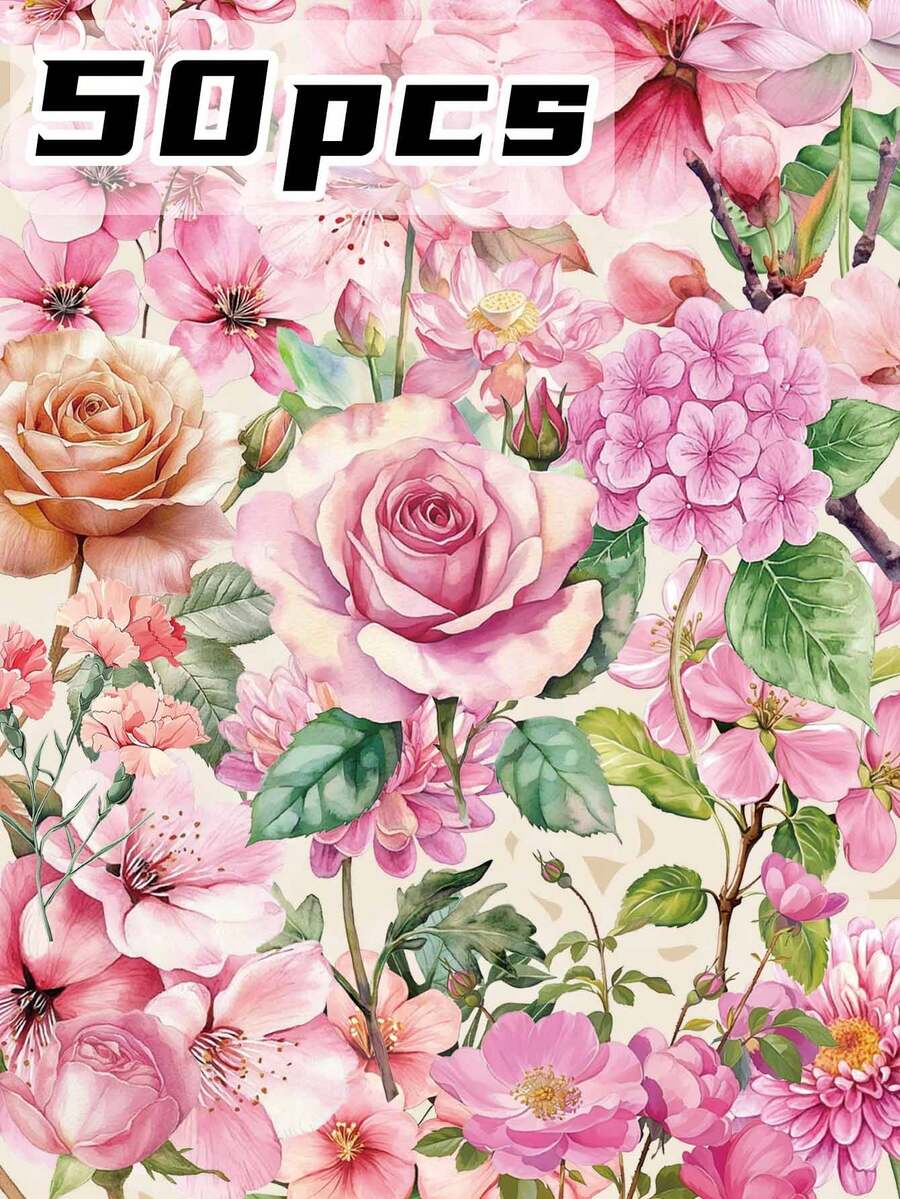 SCXXBSW 50pcs Pink Flower Stickers – Transparent PET Decorative Doodle Stickers Suitable For Diaries, Suitcases, Envelopes, Fridges And Skateboards. Self-Adhesive Decals With Unique Designs, Perfect For Party Favours, Rewards And Festive Gifts.